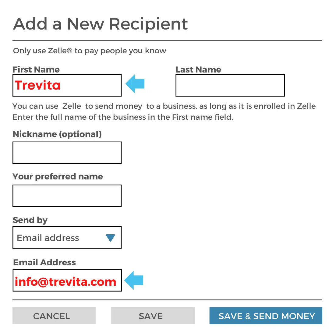 Zelle Portal Displaying Instructions For Payment To TreVita