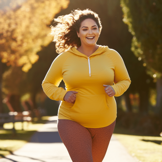 A determined bariatric patient jogging in the park, embracing a healthier lifestyle and contributing to her weight loss journey after gastric bypass surgery