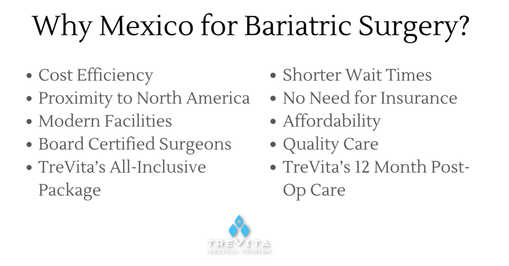 Why Mexico for Bariatric Surgery? Shorter Wait Times No Need for Insurance Affordability Quality Care TreVita’s 12 Month Post-Op Care Cost Efficiency Proximity to North America Modern Facilities Board Certified Surgeons TreVita’s All-Inclusive Package
