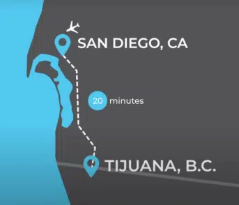 map showing short travel distance from San Diego to Tijuana
